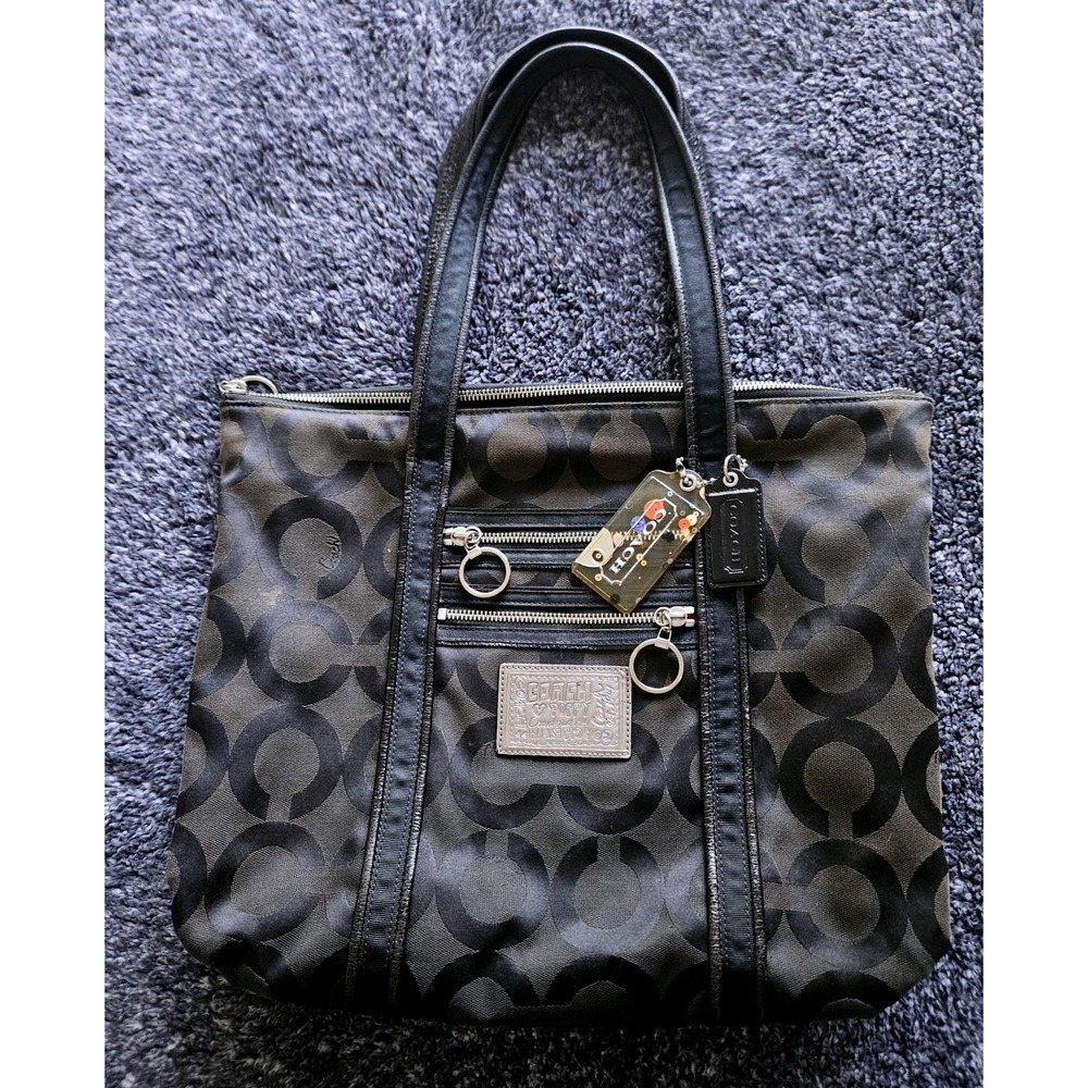 Coach Poppy Signature Sateen Spotlight Tote Womens Large Black Grey Logo Y2K